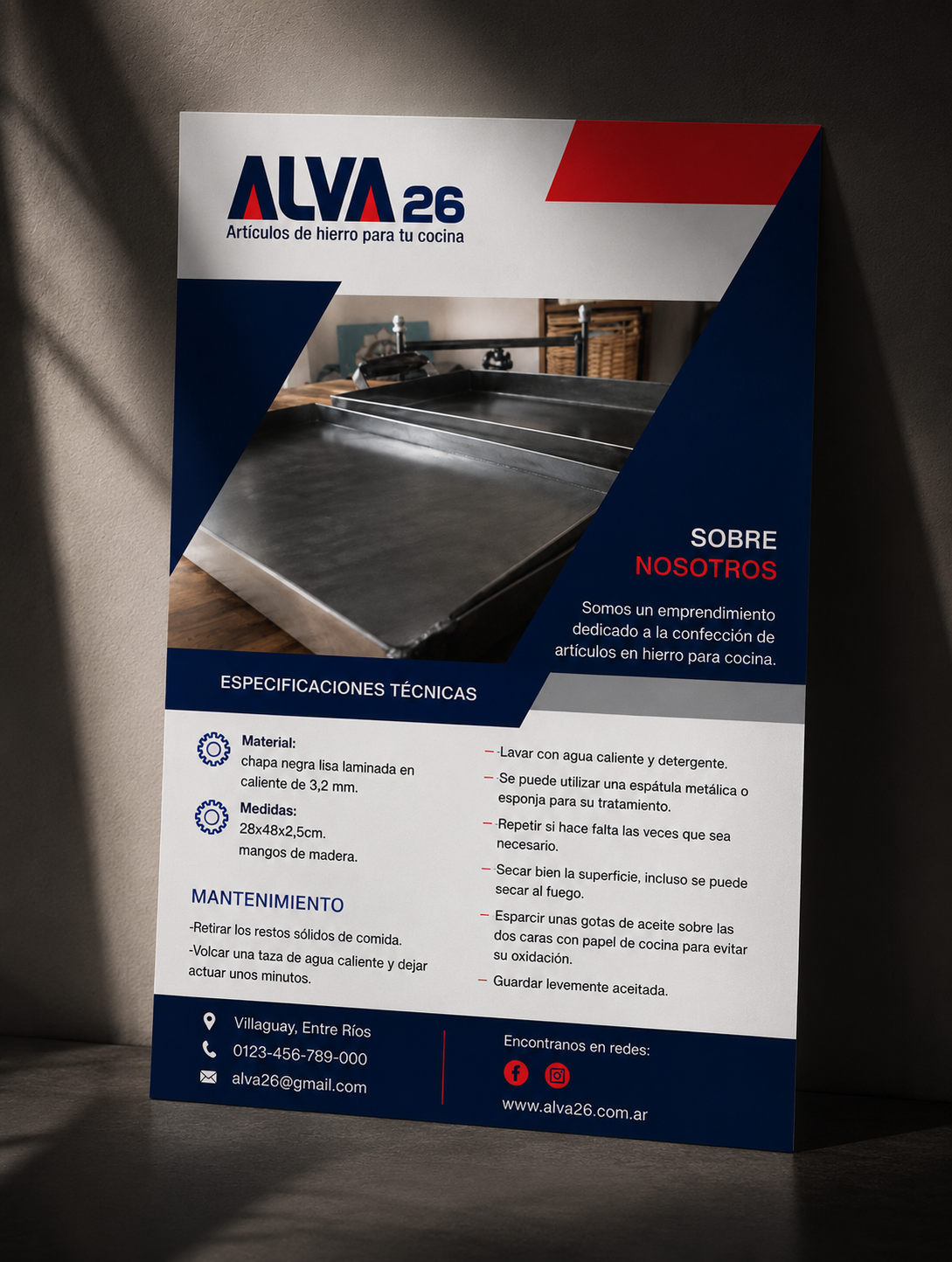 Ficha técnica de producto de Alva 26 presentada en un mockup vertical