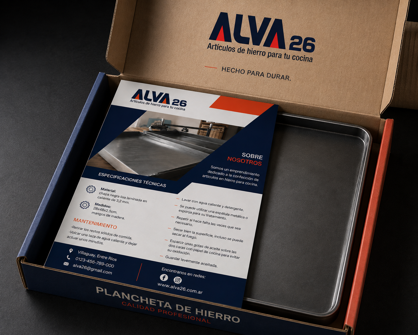 Ficha técnica de Alva 26 dentro del packaging de una plancheta