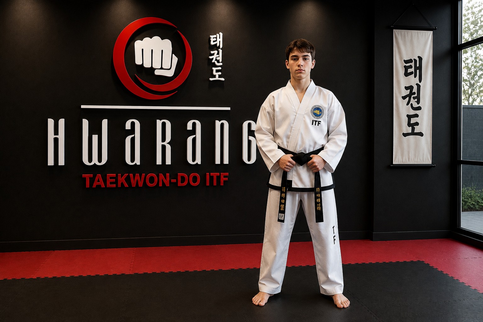 Practicante de Taekwon-do frente a la identidad Hwarang aplicada en el dojang