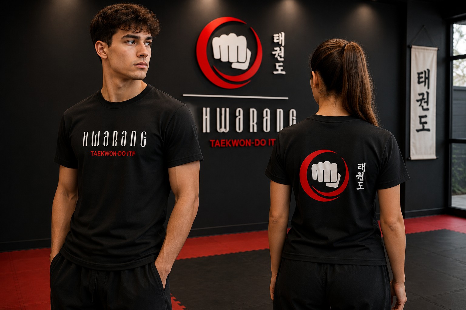 Remeras con las aplicaciones frontal y posterior de la identidad Hwarang