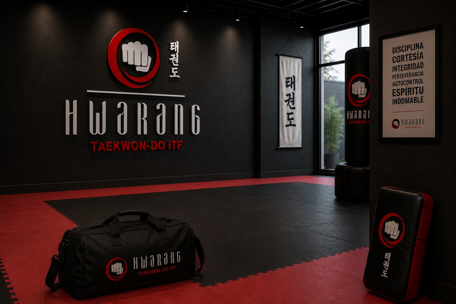 Bolso y equipamiento del dojang con aplicaciones de la marca Hwarang