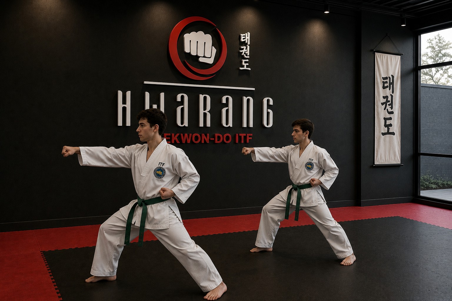 Practicantes entrenando frente a la marca Hwarang dentro del dojang